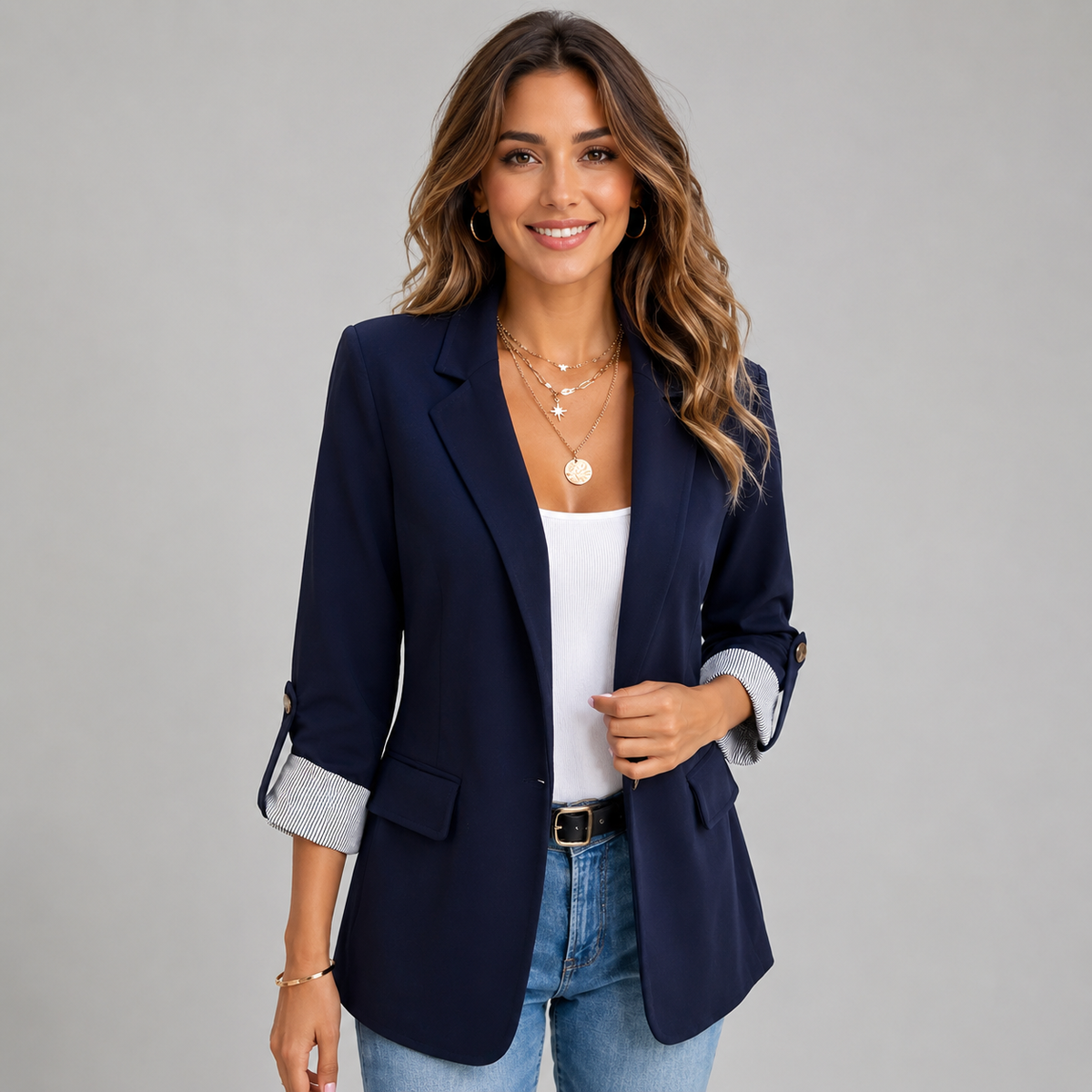 Ilse | Women's Ruched Sleeve Blazer – Open Front Three Quarter Sleeve Blazer
