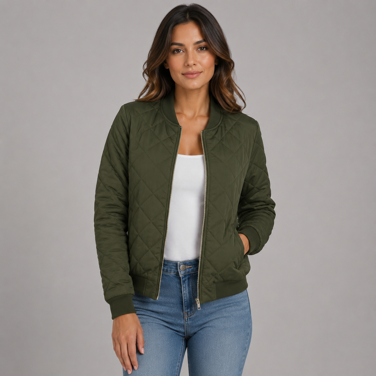 Bella | Women's Cropped Quilted Bomber Jacket – Sailing Green