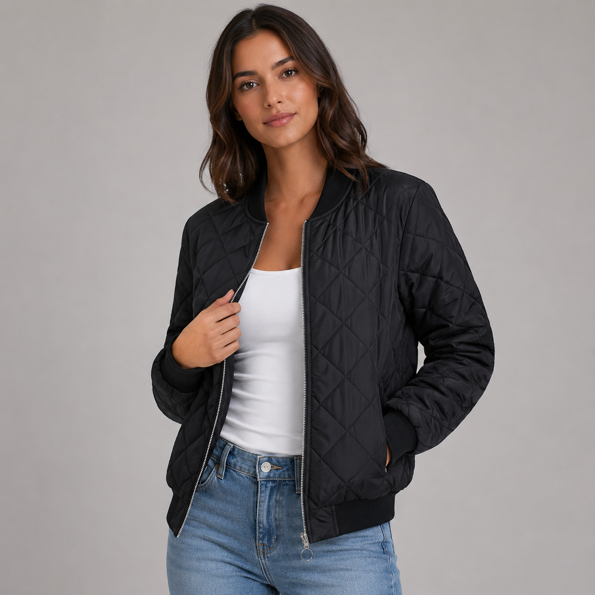 Bella | Women's Cropped Quilted Bomber Jacket – Black