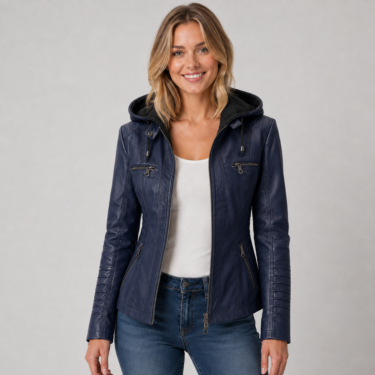 Joelle | Women's Faux Leather Jacket – Navy Blue