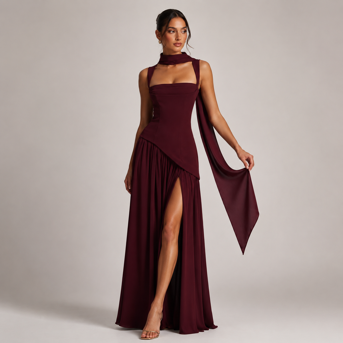 Violet | Women's Draped Side Slit Maxi Dress – Satin Look Party Dress