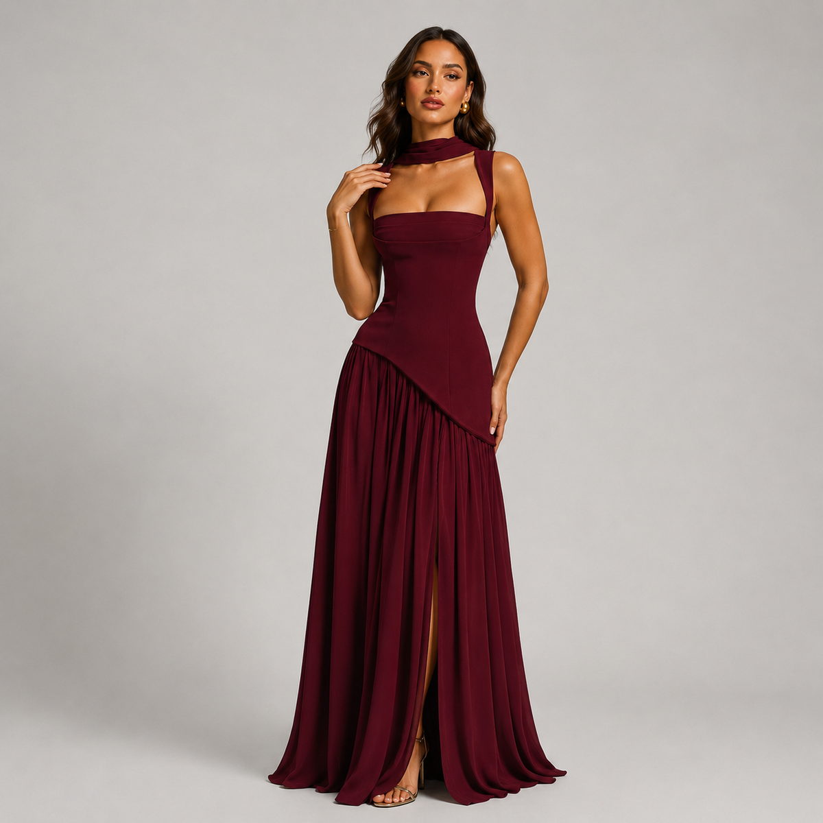 Violet | Women's Draped Side Slit Maxi Dress – Burgundy