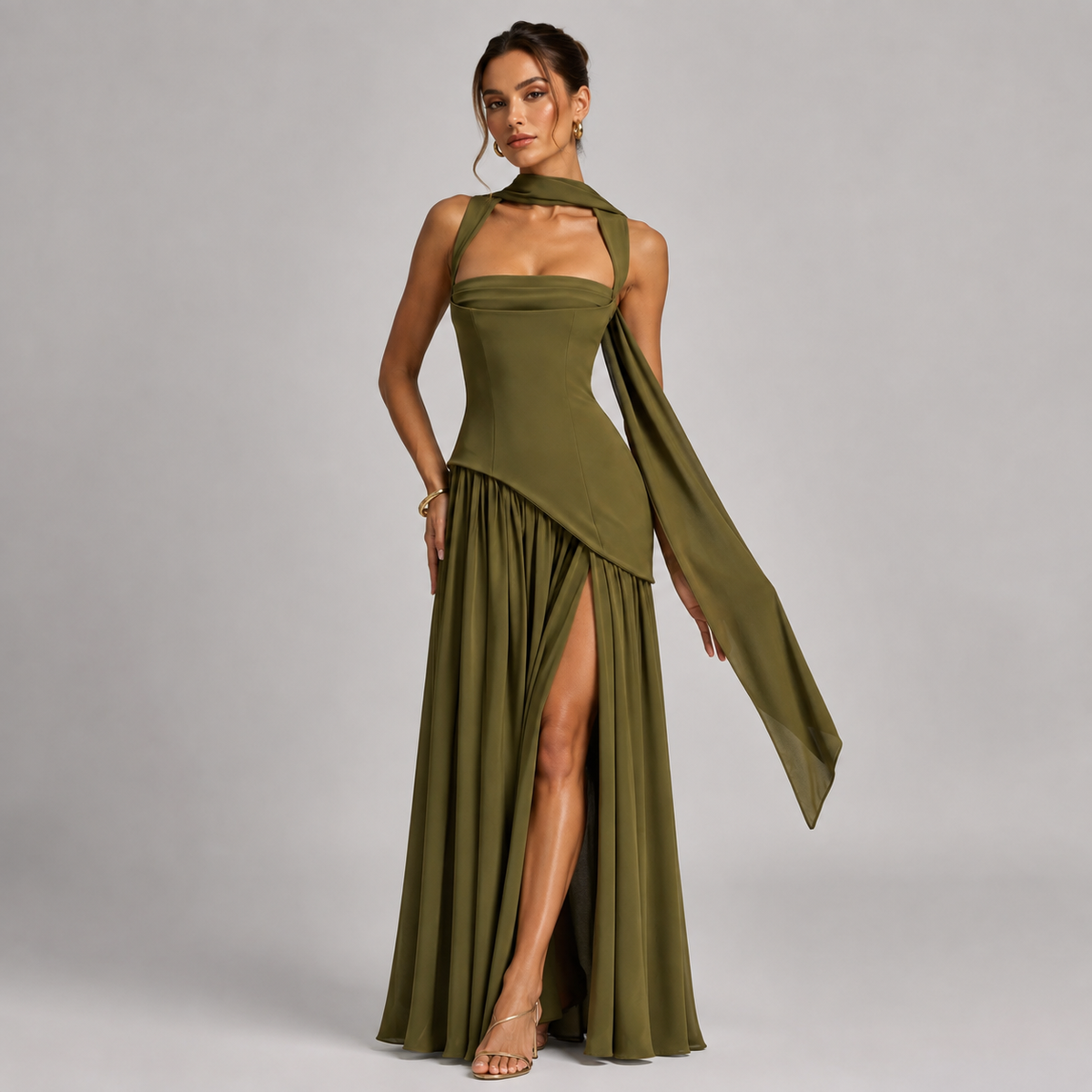 Violet | Women's Draped Side Slit Maxi Dress – Satin Look Party Dress