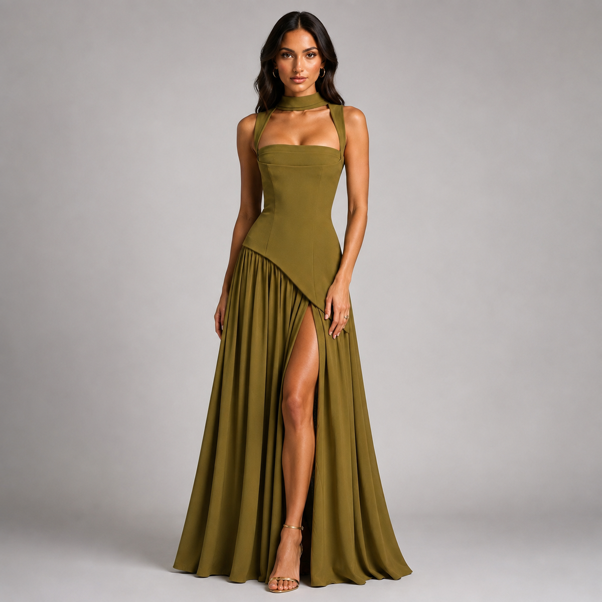 Violet | Women's Draped Side Slit Maxi Dress – Sage Green