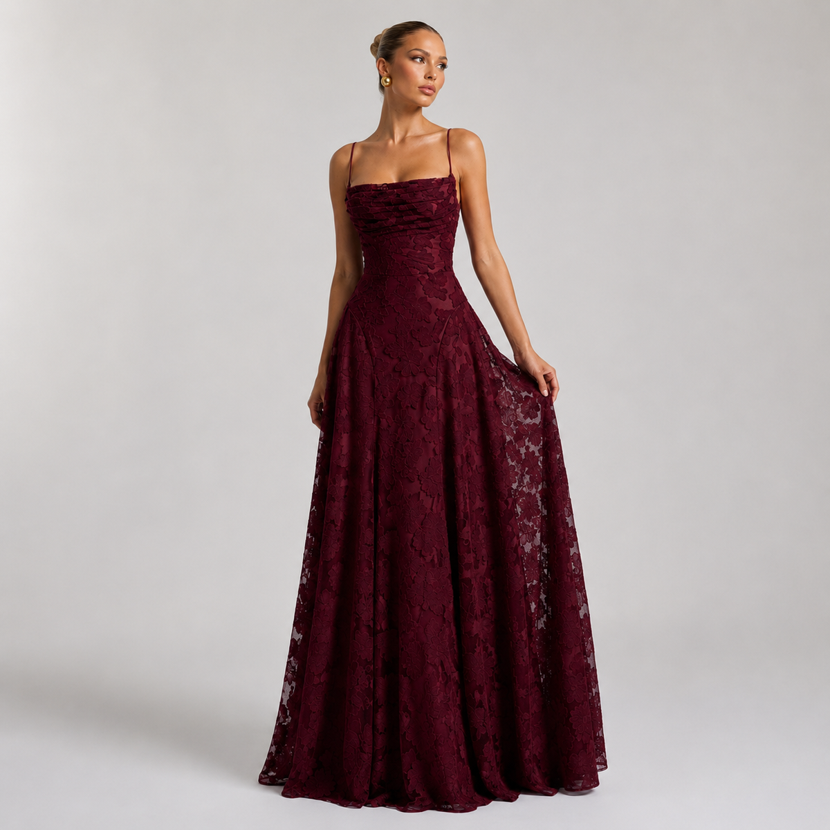 Sophie | Women's 3D Floral Cowl Neck Maxi Dress – Burgundy