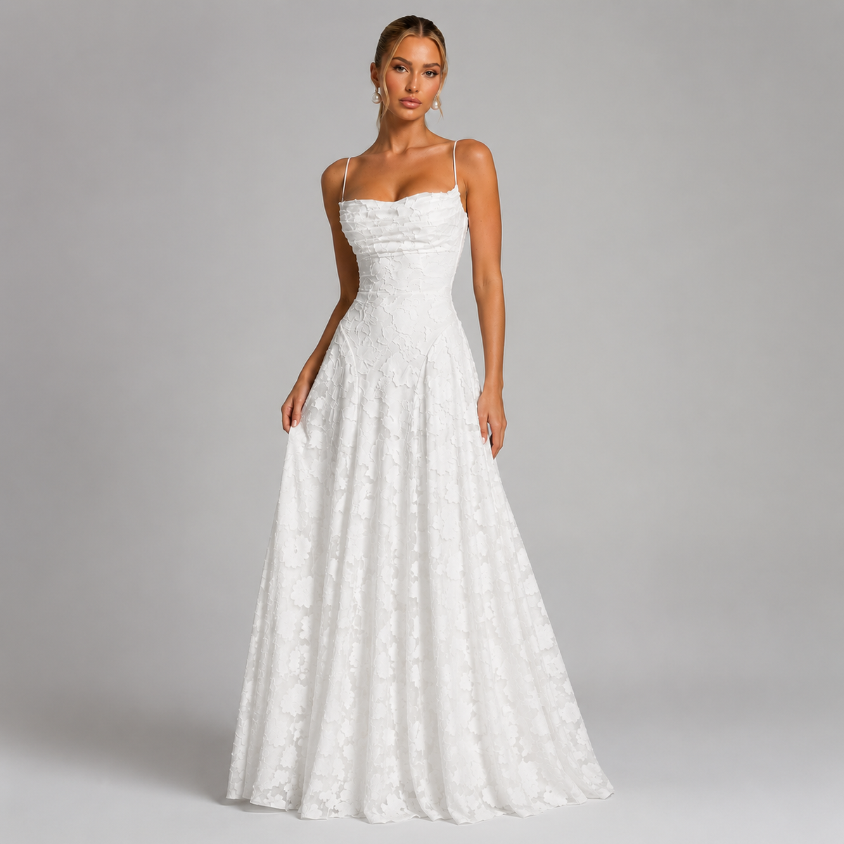 Sophie | Women's 3D Floral Cowl Neck Maxi Dress – White
