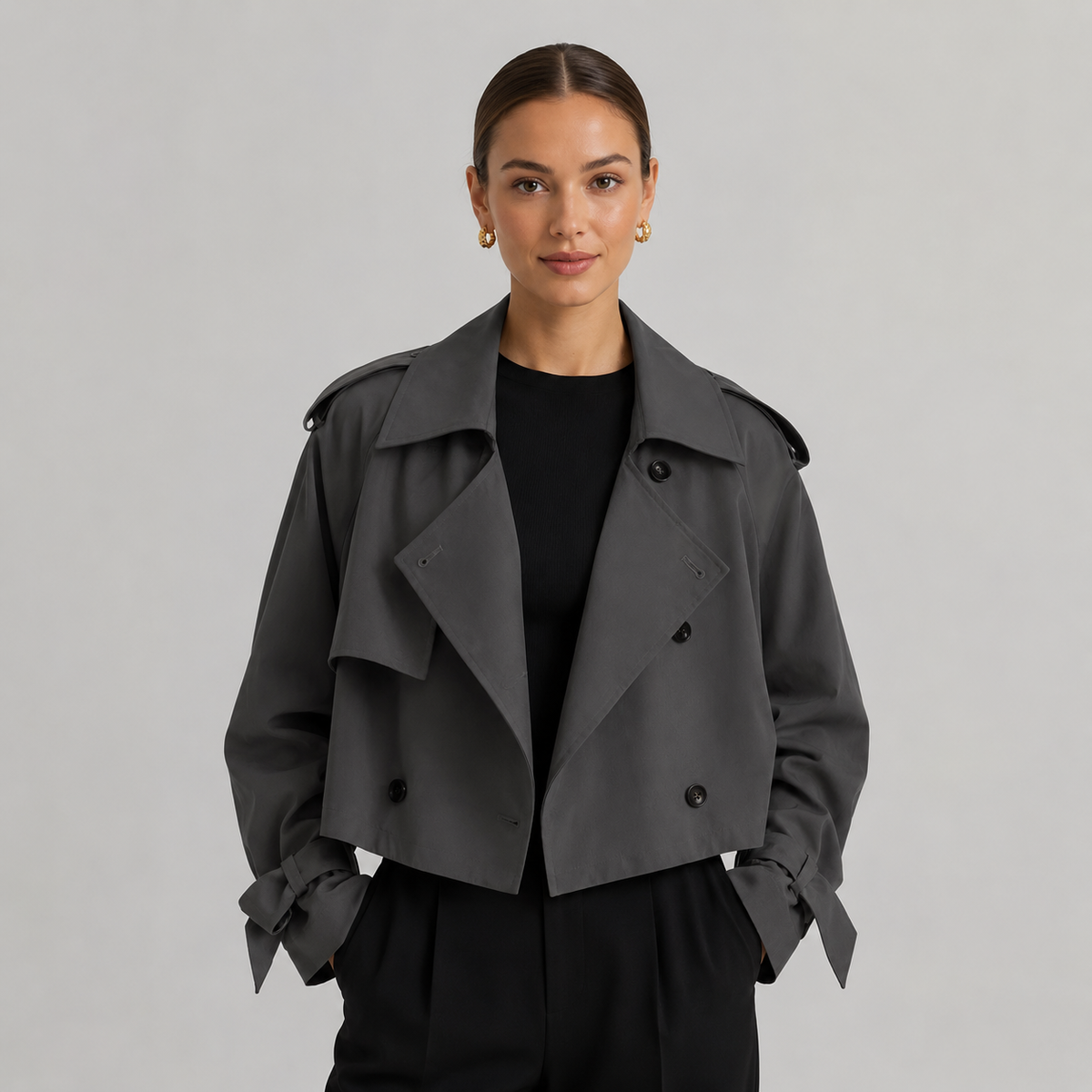 Sophie | Women's Cropped Trench Coat – Dark Grey