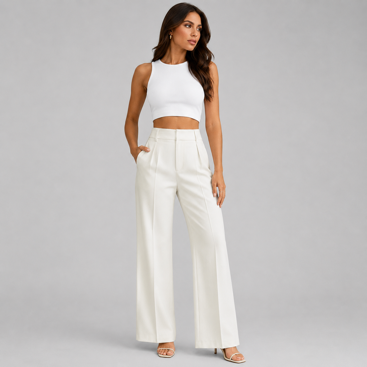Lucia | Women's Pleated Wide Leg Dress Pants – White