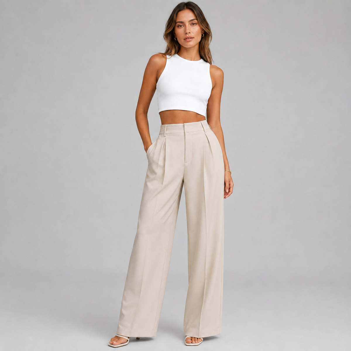 Lucia | Women's Pleated Wide Leg Dress Pants – Beige
