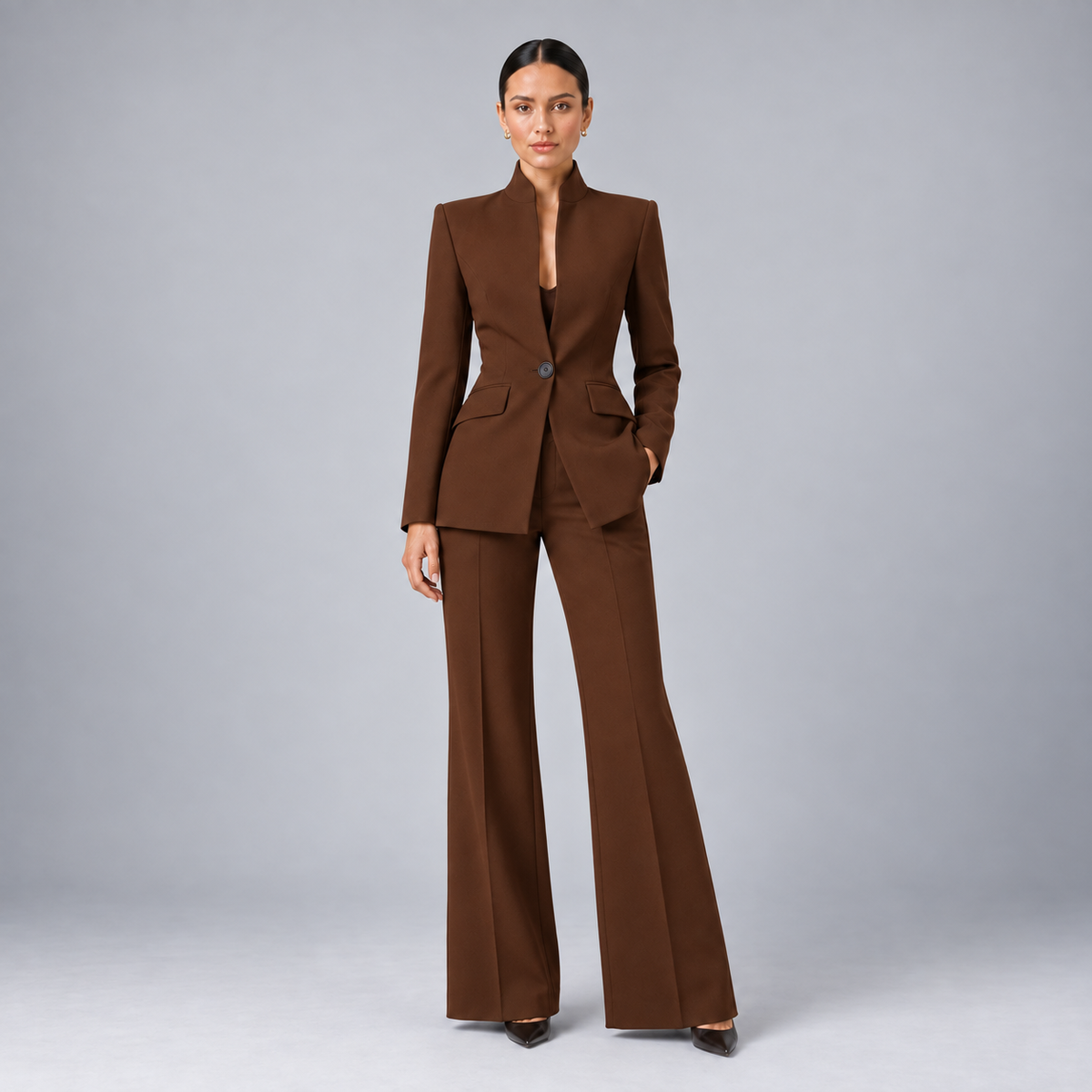 Remy | Women's Collarless Blazer Suit Set – Brown