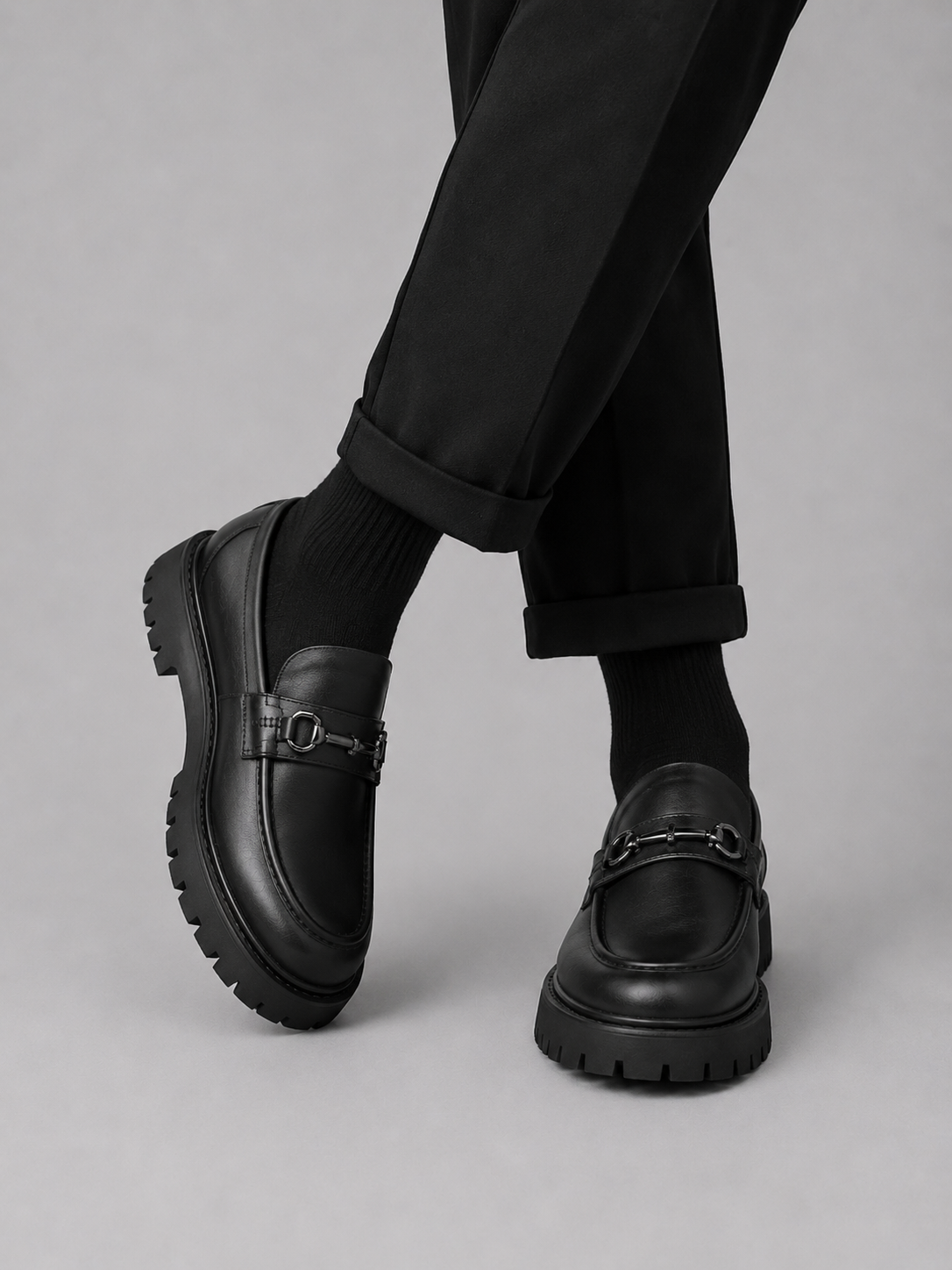 Cole | Men's Chunky Sole Leather Look Dress Shoes – Metal Detail Loafers