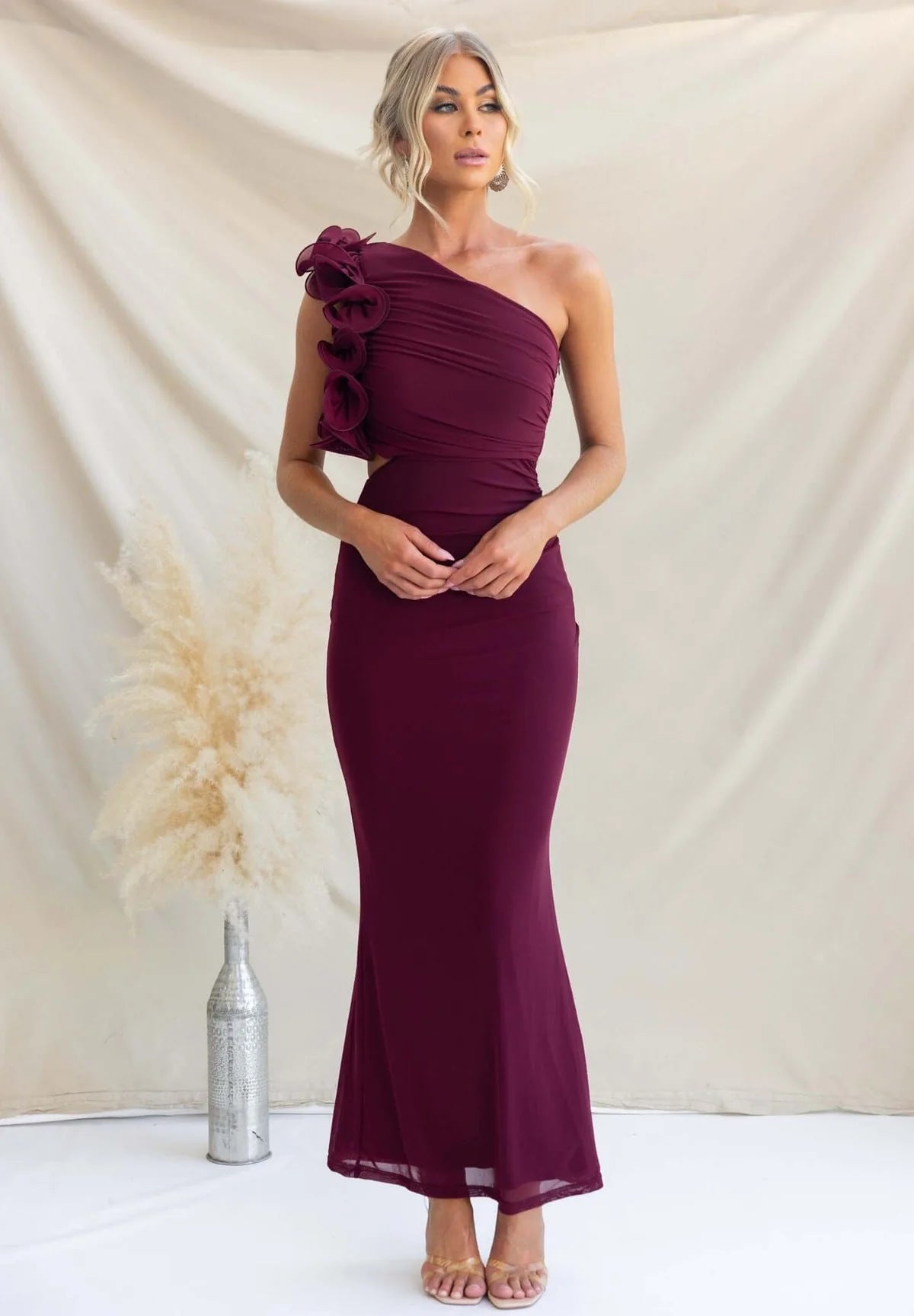 Hailey | Women's One Shoulder Ruffle Maxi Dress – Burgundy