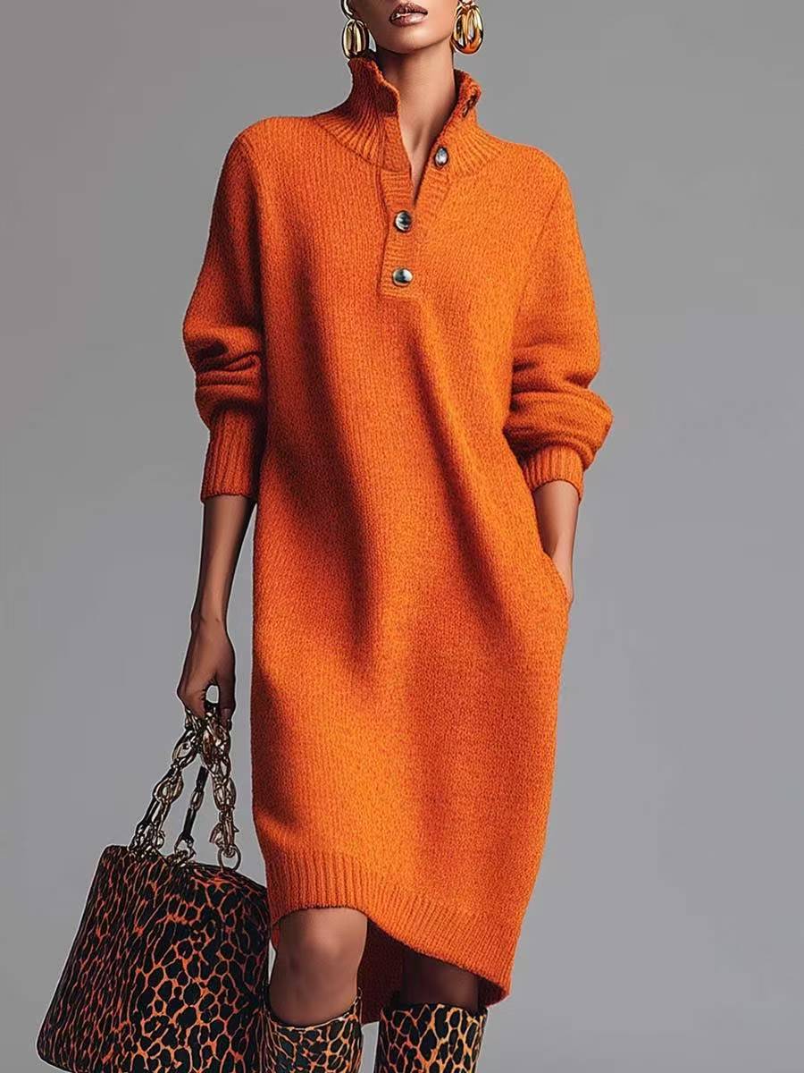 Valerie | Women's Ribbed Button Front Sweater Dress – Orange
