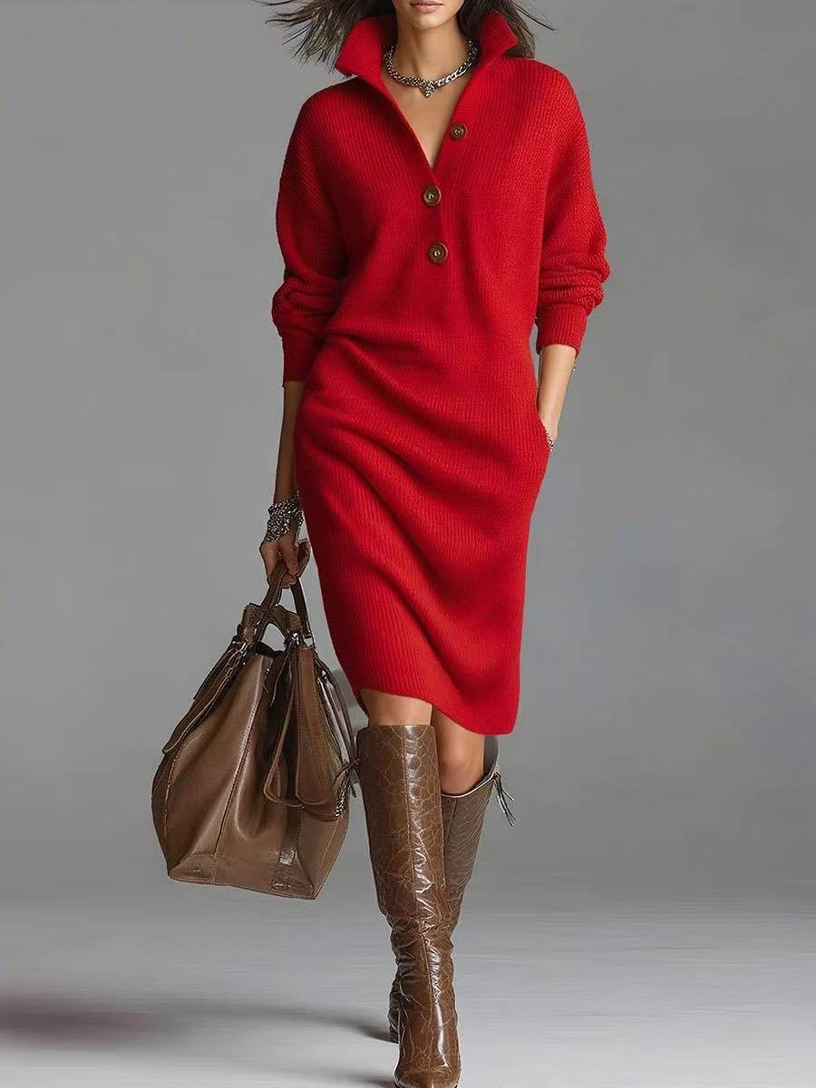 Valerie | Women's Ribbed Button Front Sweater Dress – Red