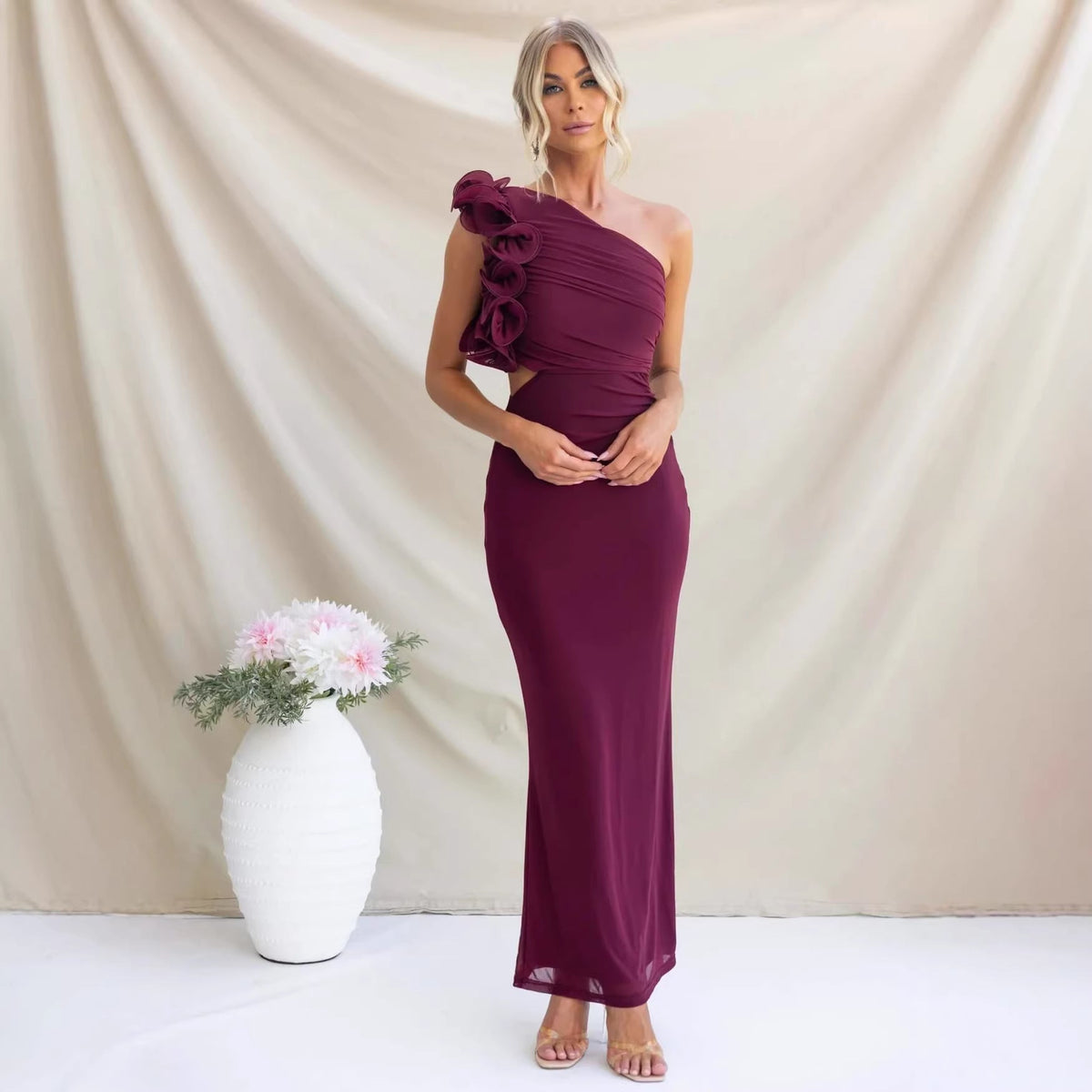 Hailey | Women's One Shoulder Ruffle Maxi Dress – Burgundy