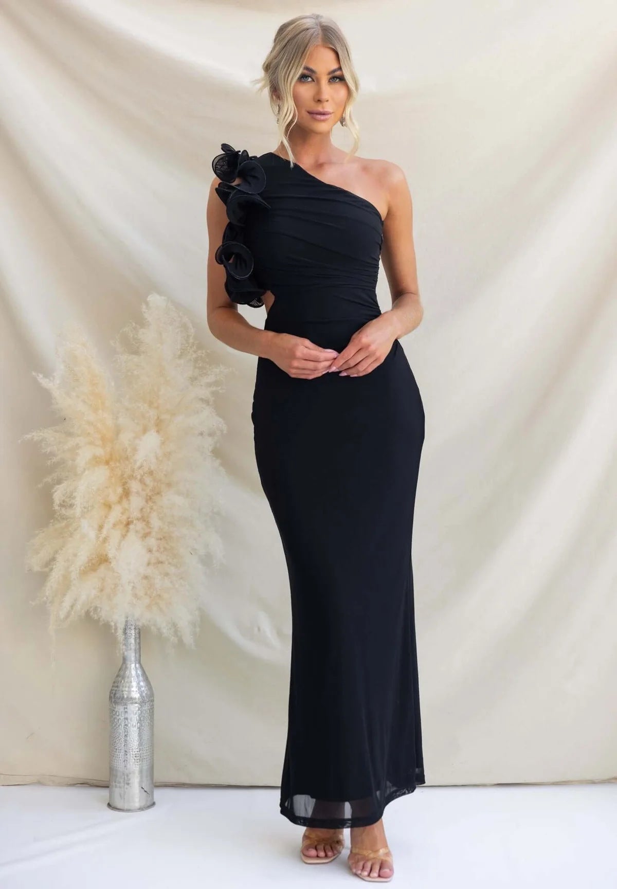 Hailey | Women's One Shoulder Ruffle Maxi Dress – Black