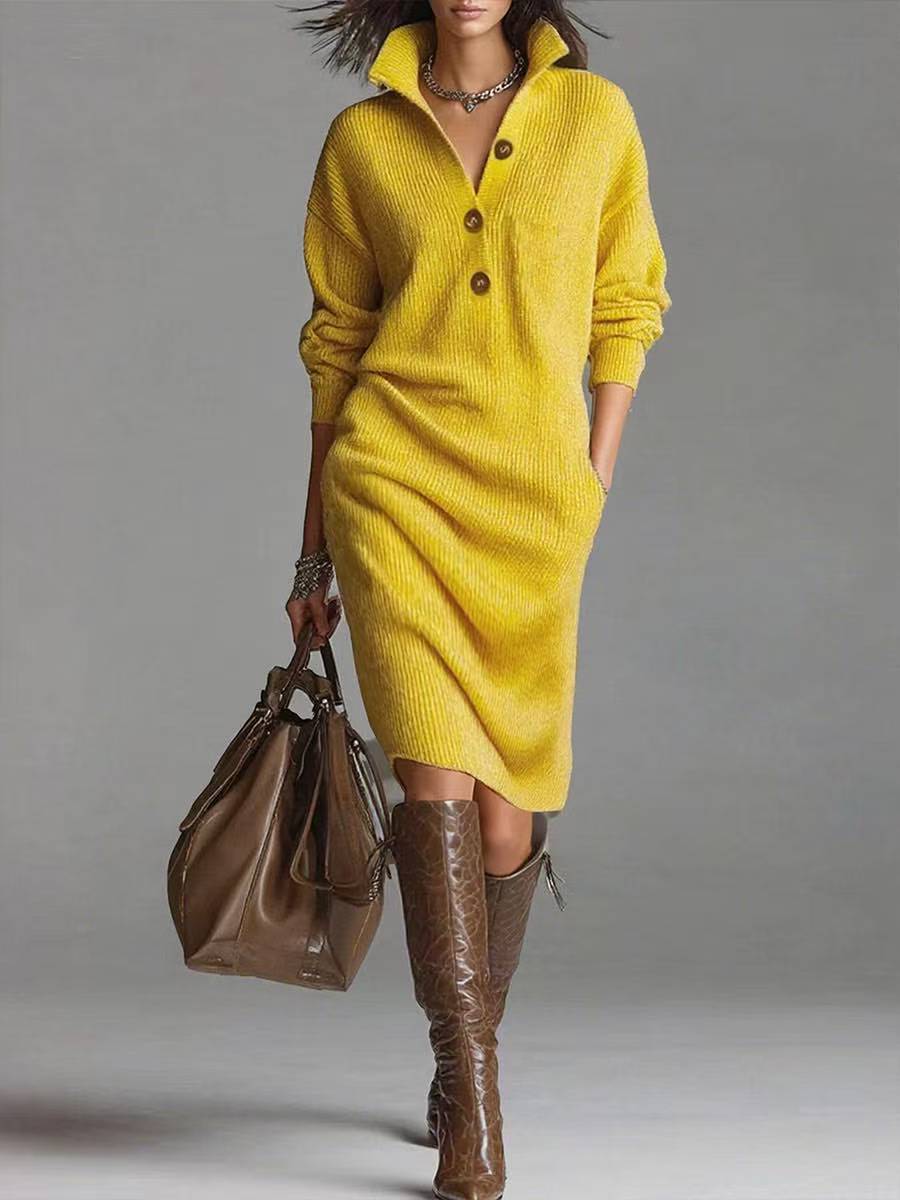 Valerie | Women's Ribbed Button Front Sweater Dress – Yellow