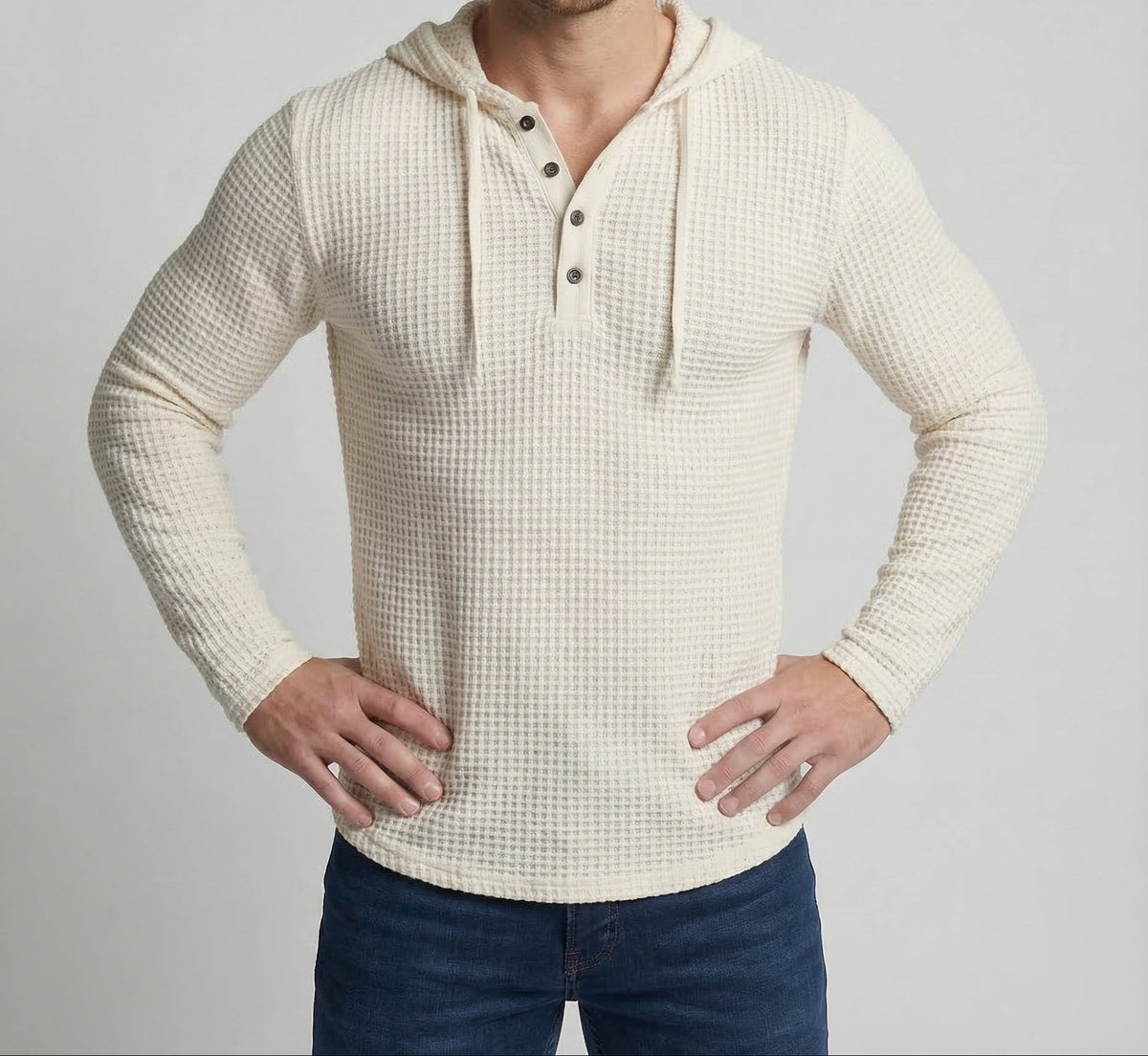 Owen | Men's Waffle Knit Henley Hoodie – Slim Fit Drawstring Pullover