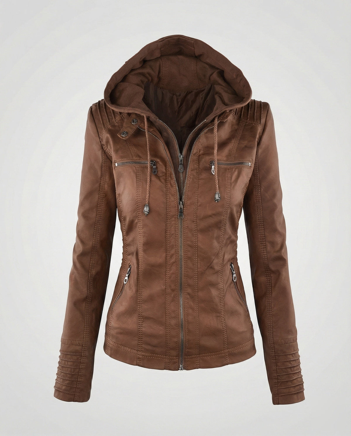 Thea | Women's Hooded Faux Leather Jacket – Brown