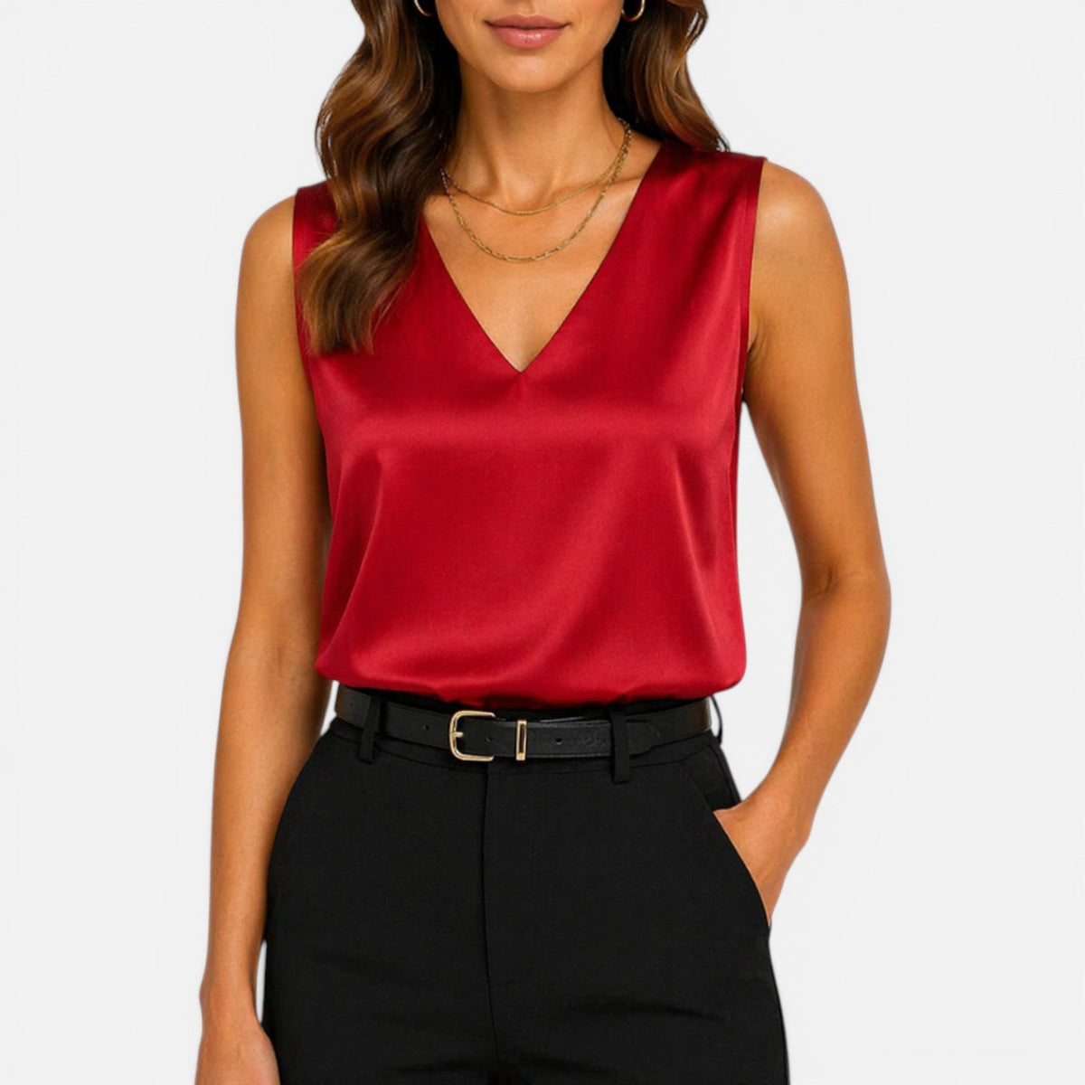Aria | Women's Satin Look V-Neck Camisole Top – Sleeveless Layering Top