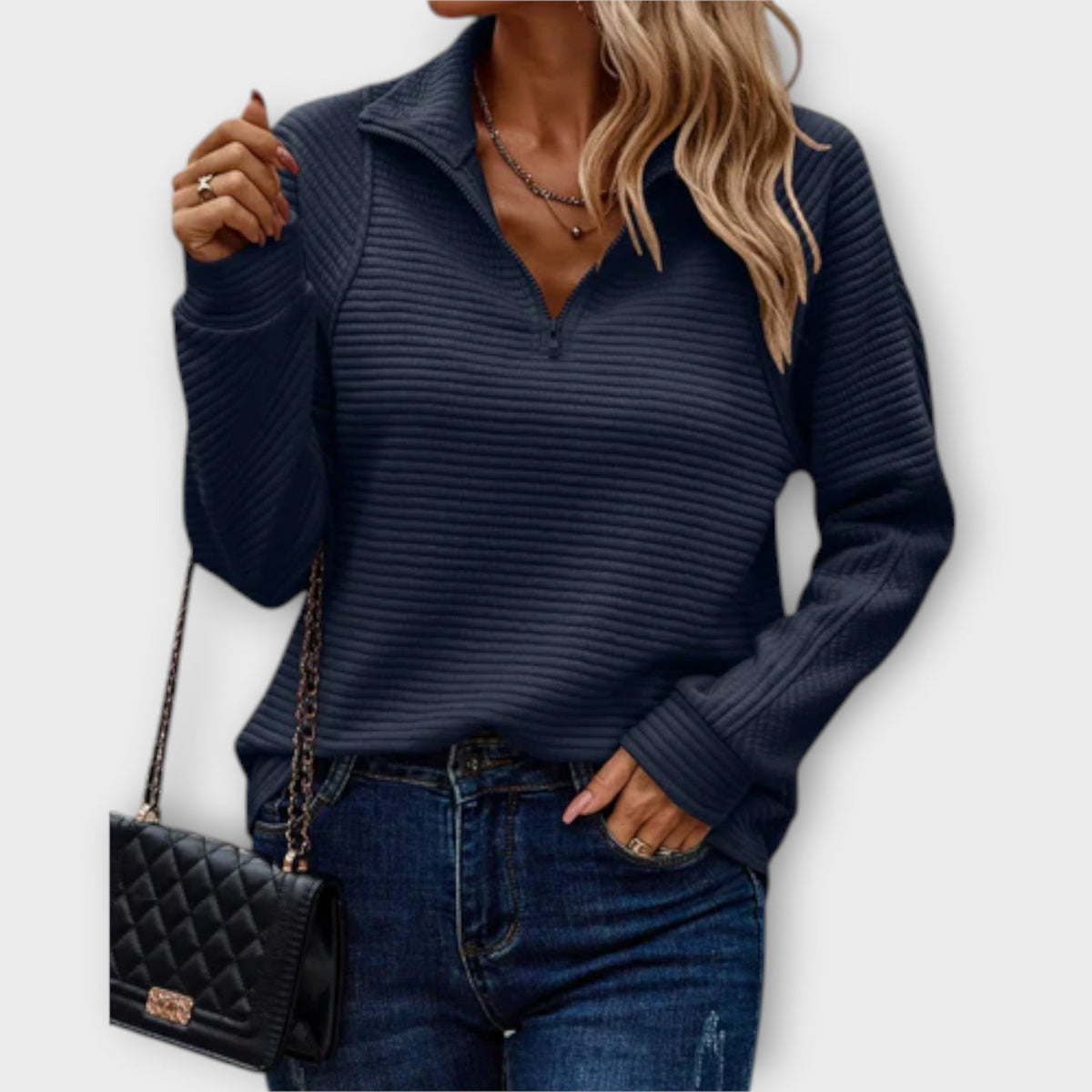 Daisy | Women's V-Neck Quarter Zip Sweater – Blue