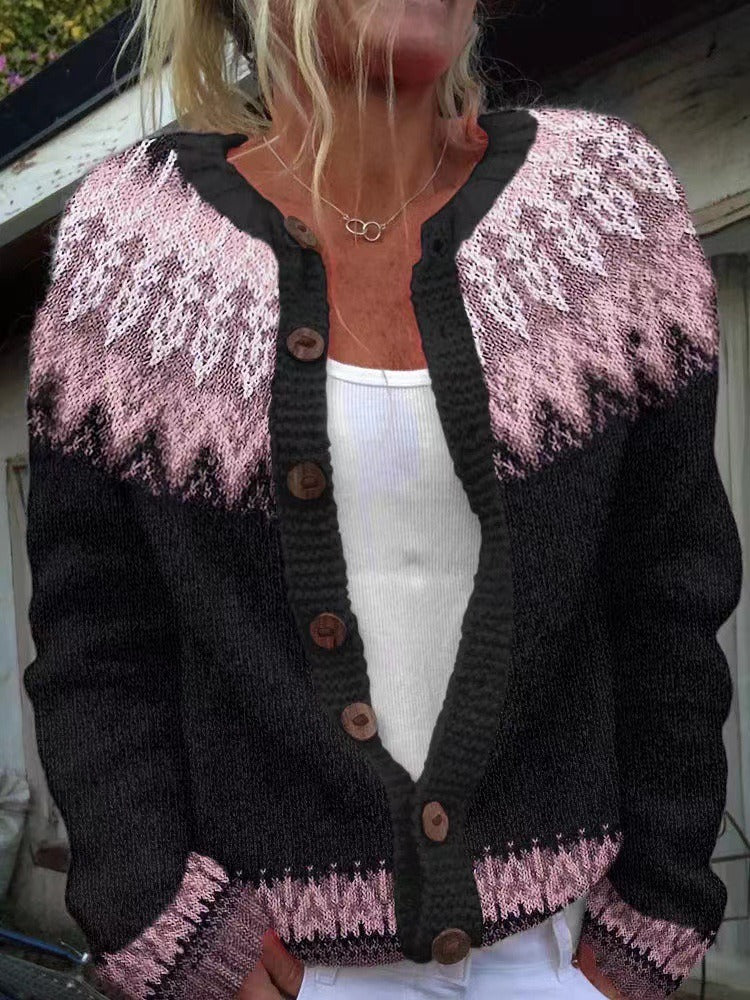 Gemma | Women's Patterned Yoke Nordic Cardigan Sweater – Relaxed Knit Cardigan