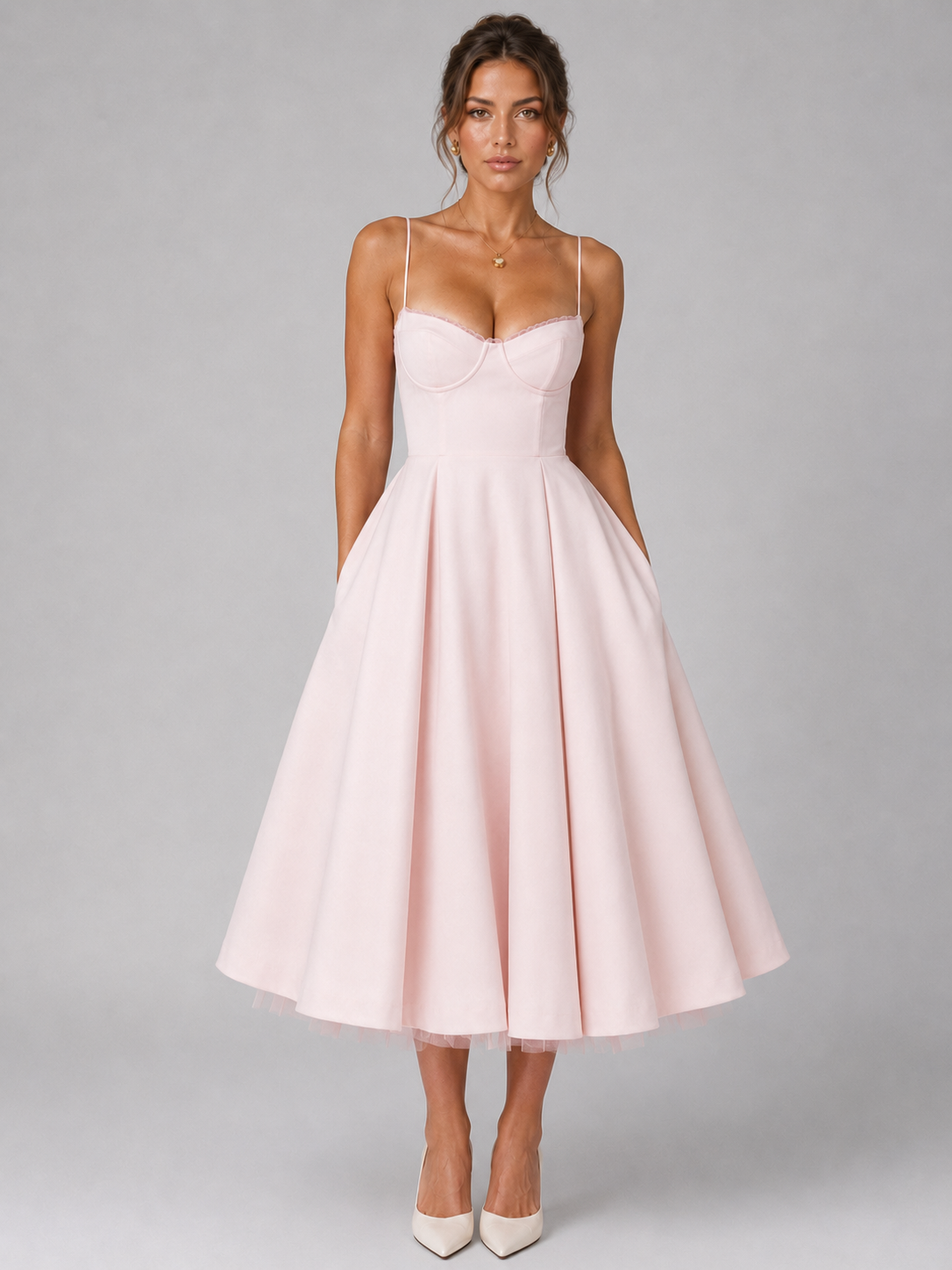 Aria | Women's Satin Look Corset Midi Dress – Full Skirt Party Dress