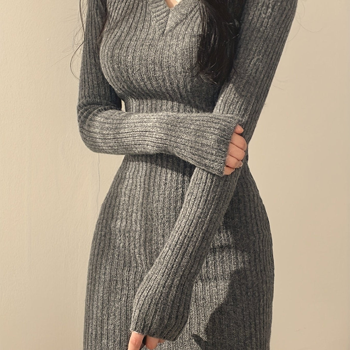 Isla | Women's Ribbed V Neck Sweater Dress – Slim Fit Fall Dress