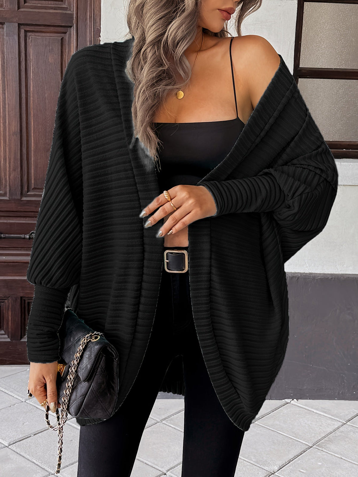 Isla | Women's Ribbed Open Front Cardigan Sweater – Black