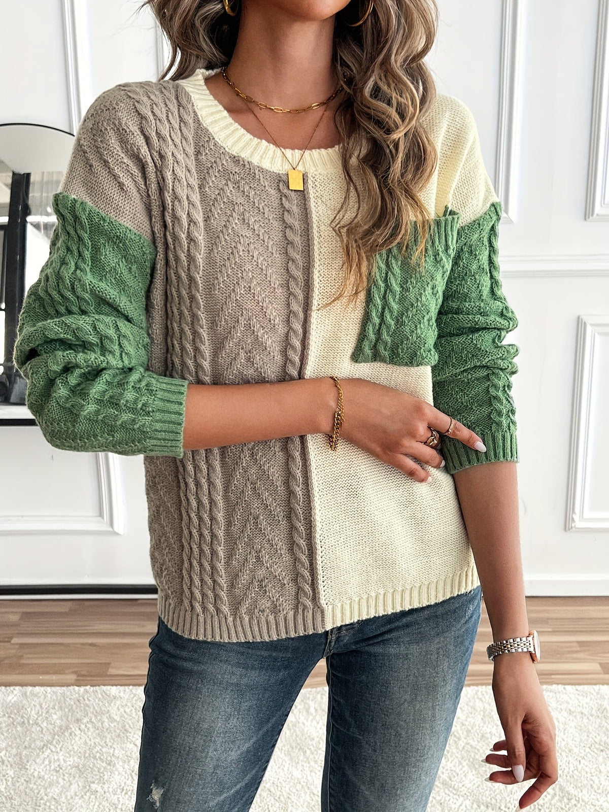 Celia | Women's Cable Knit Sweater – Soft Color Block Pullover