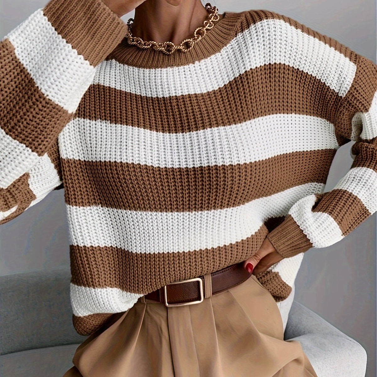 Livia | Women's Striped Knit Sweater – Coffee White