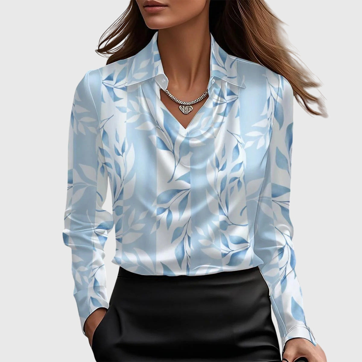 Kaia | Women's Draped Neck Long Sleeve Blouse – Light Blue Floral