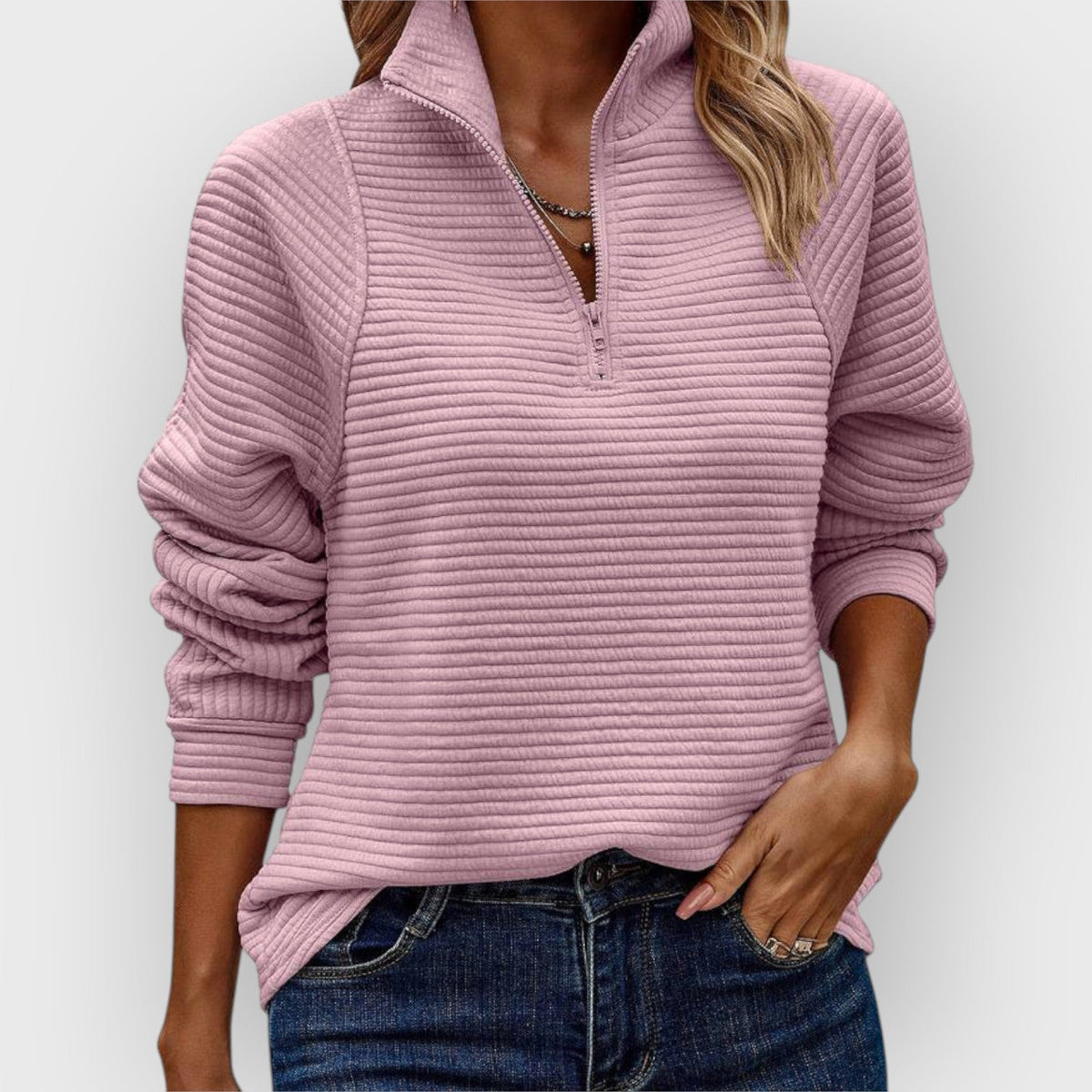 Daisy | Women's V-Neck Quarter Zip Sweater – Light Pink