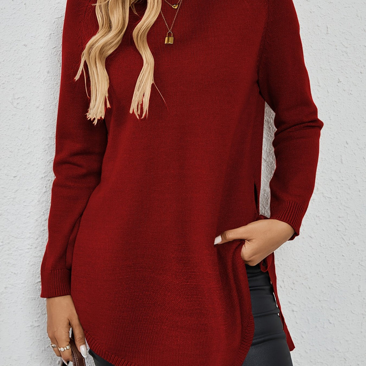 Uma | Women's Longline Knit Sweater – Deep Red