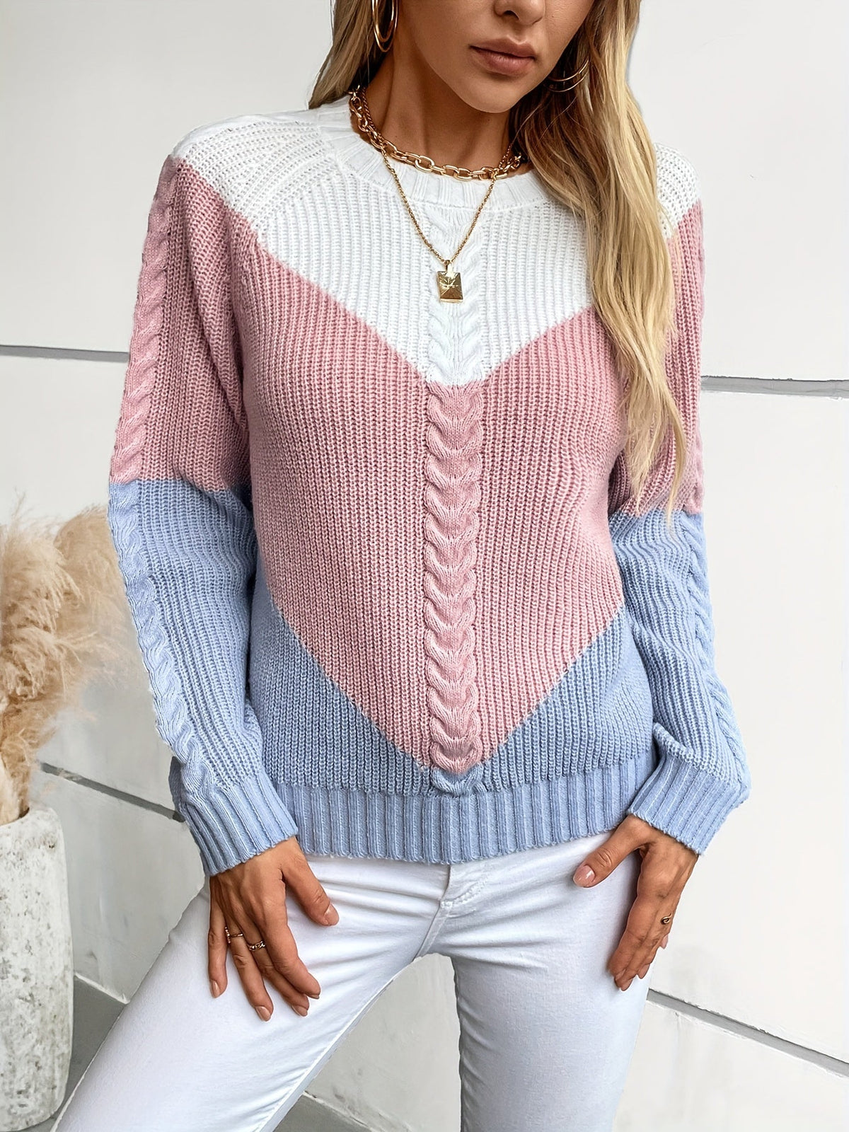 Brenna | Women's Colorblock Knit Sweater – Relaxed Crew Neck Pullover