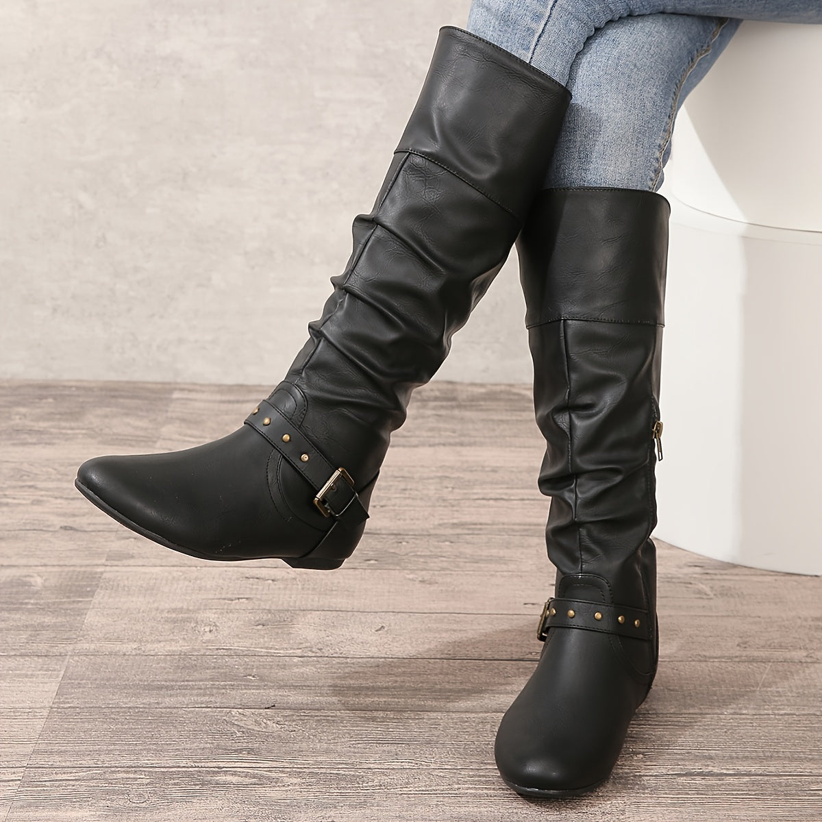 Mila | Women's Slouchy Buckled Knee High Boots – Flat Riding Fall Boots