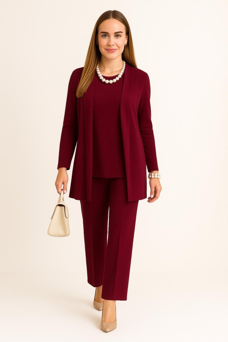 Romy | Women's Three Piece Cardigan Matching Set – Burgundy