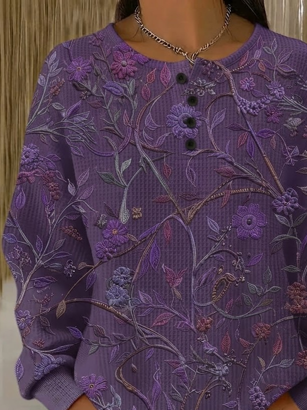 Rose | Women's Floral Vine Henley Sweatshirt – Purple Waffle Knit Henley