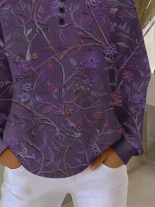 Rose | Women's Floral Vine Henley Sweatshirt – Purple Waffle Knit Henley