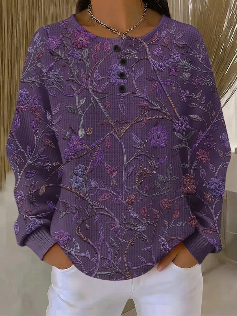 Rose | Women's Floral Vine Henley Sweatshirt – Purple Waffle Knit Henley