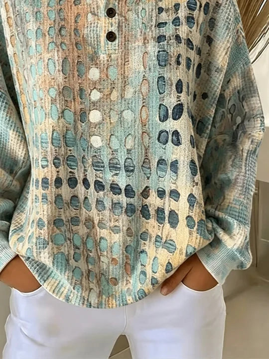 Naomi | Women's Dot Print Henley Sweatshirt – Lightweight Waffle Knit Top