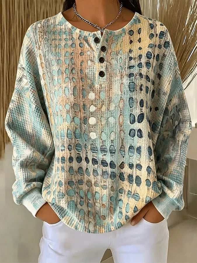 Naomi | Women's Dot Print Henley Sweatshirt – Lightweight Waffle Knit Top