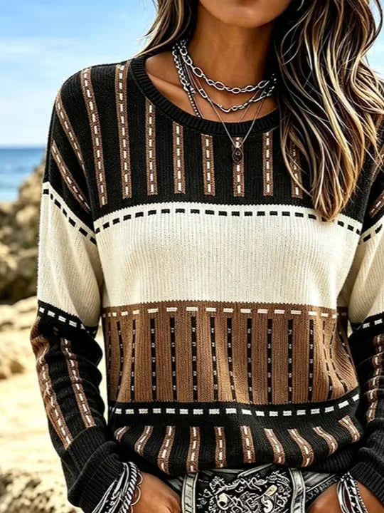 Xena | Women's Colour Block Knit Sweater – Retro Striped Crew Neck Pullover
