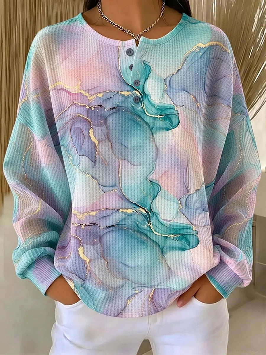 Brooke | Women's Marble Print Henley Sweatshirt – Marble Print