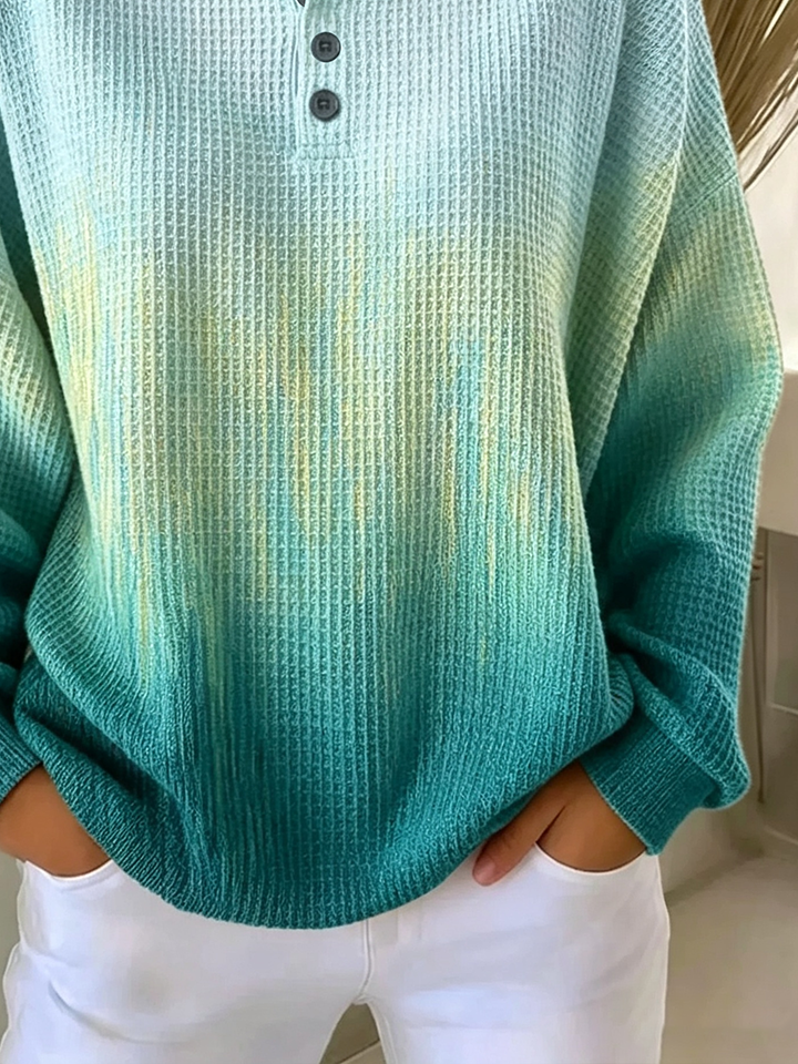 Lorelei | Women's Waffle Knit Henley Sweatshirt – Gradient Dip Dye Pullover