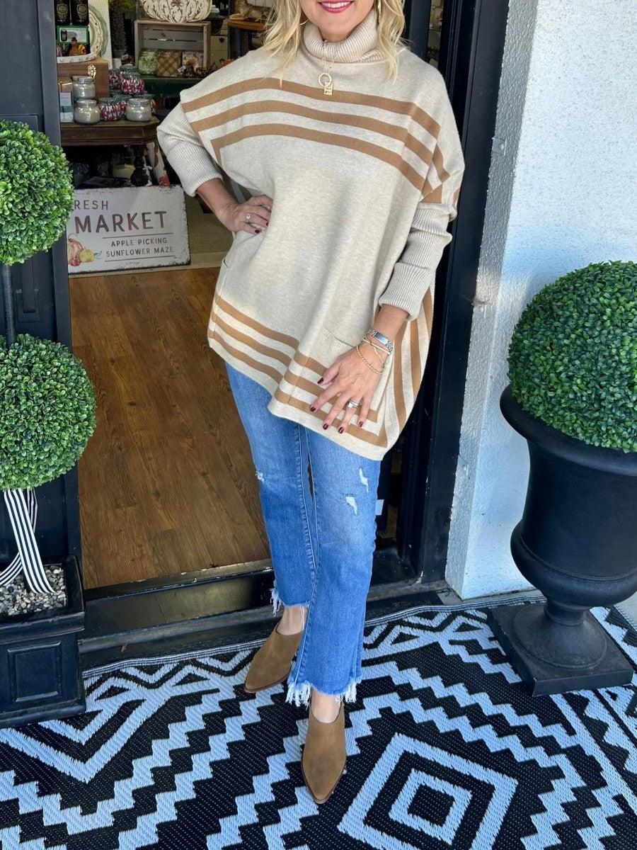 Yasmin | Women's Striped Turtleneck Knit Sweater – Relaxed Bat Sleeve Pullover