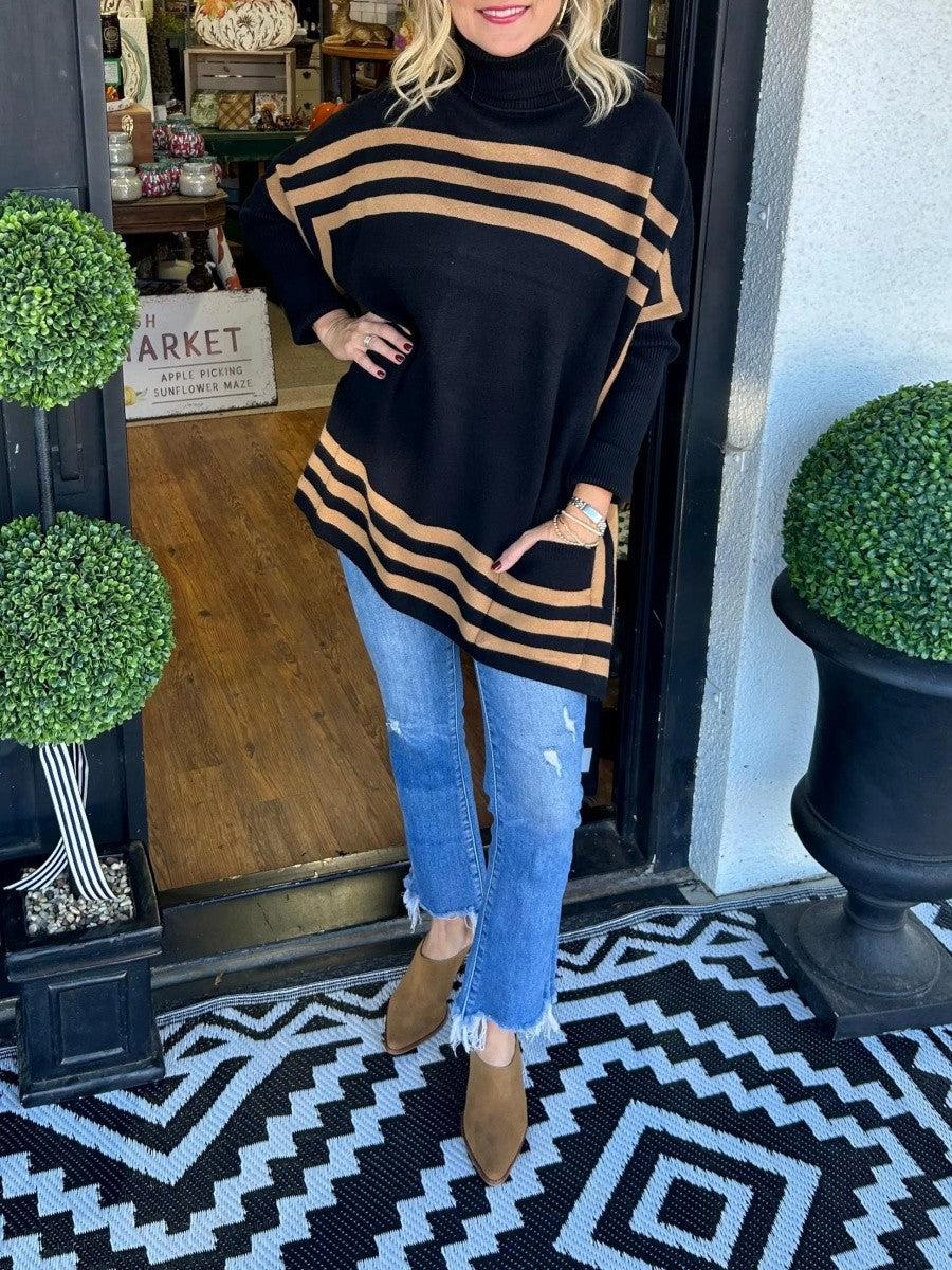 Yasmin | Women's Striped Turtleneck Knit Sweater – Relaxed Bat Sleeve Pullover