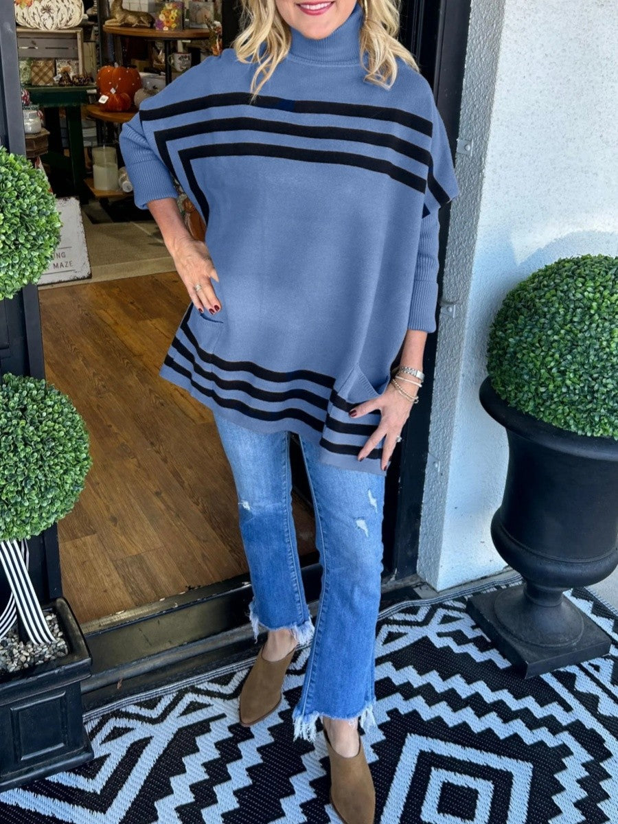 Yasmin | Women's Striped Turtleneck Knit Sweater – Relaxed Bat Sleeve Pullover
