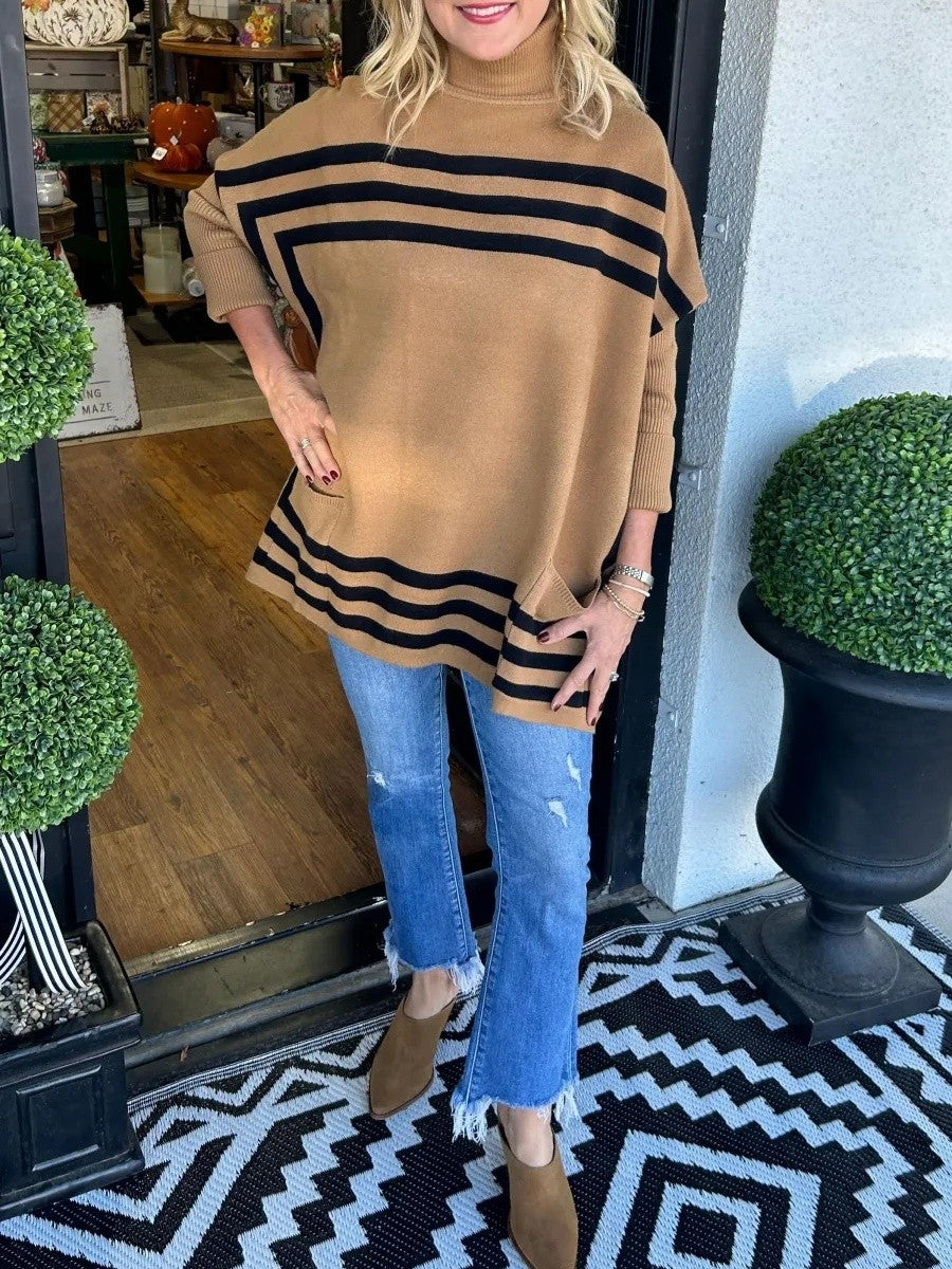 Yasmin | Women's Striped Turtleneck Knit Sweater – Relaxed Bat Sleeve Pullover