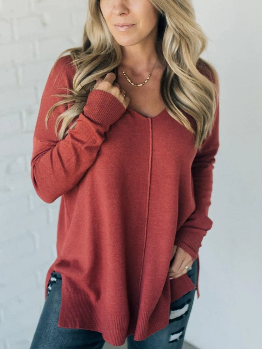 Flora | Women's Classic V-Neck Knit Sweater – Red